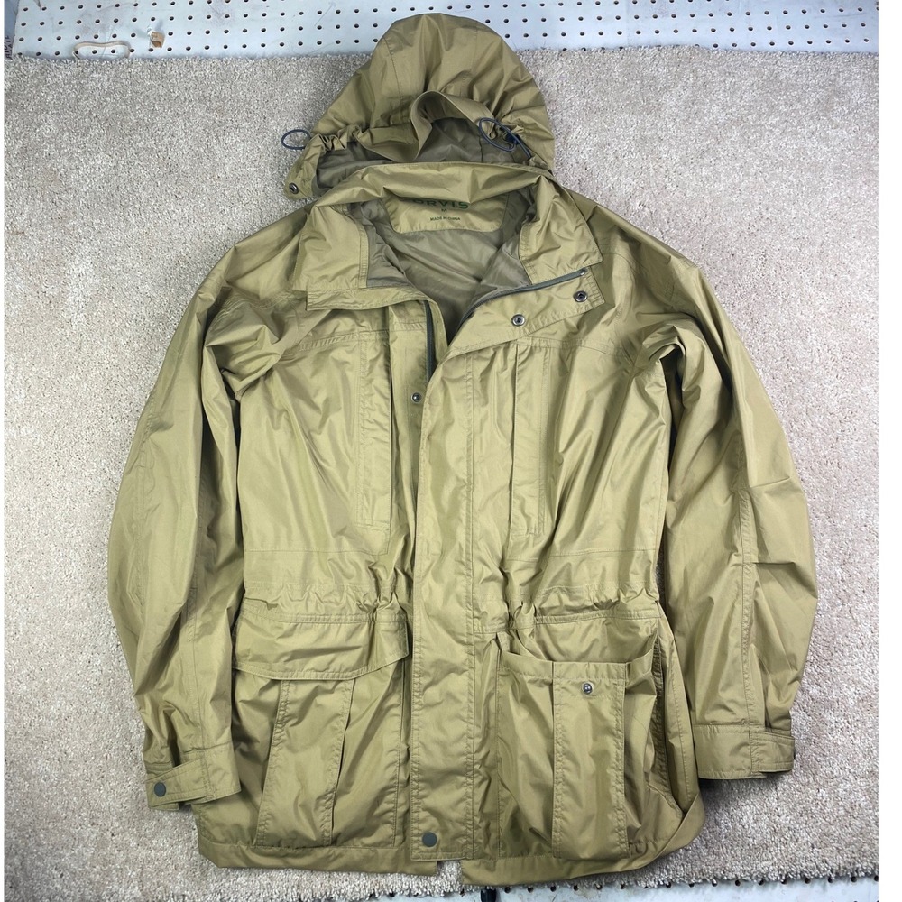Orvis Pursell Mens Packable Field Jacket Tan Khaki Hooded Utility Coat Size M